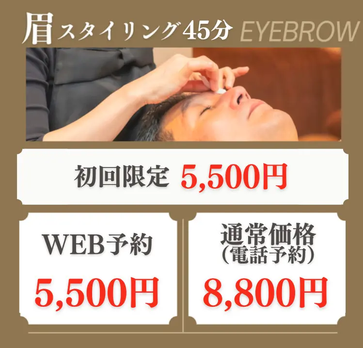 眉スタイリング45分の料金：初回限定5,500円、WEB予約5,500円、通常価格（電話予約）8,800円